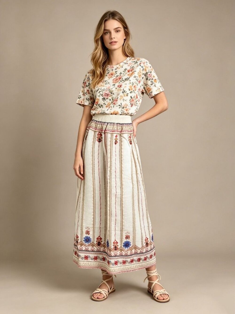 NWOT Johnny Was Linen Floral Embroidered Elastic Waist Midi Skirt Sz S Pull-On